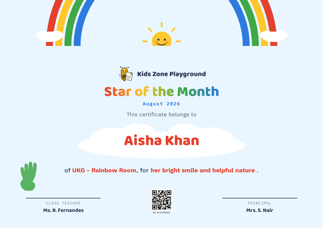 Real PaperBee certificate template example, a colorful preschool student of the month certificate
