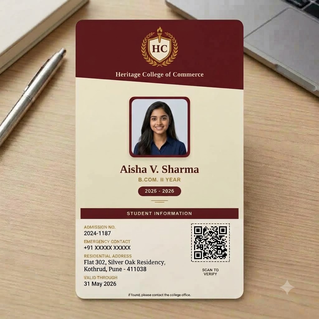Real PaperBee ID card template example, a college student ID card with photo and verification QR code